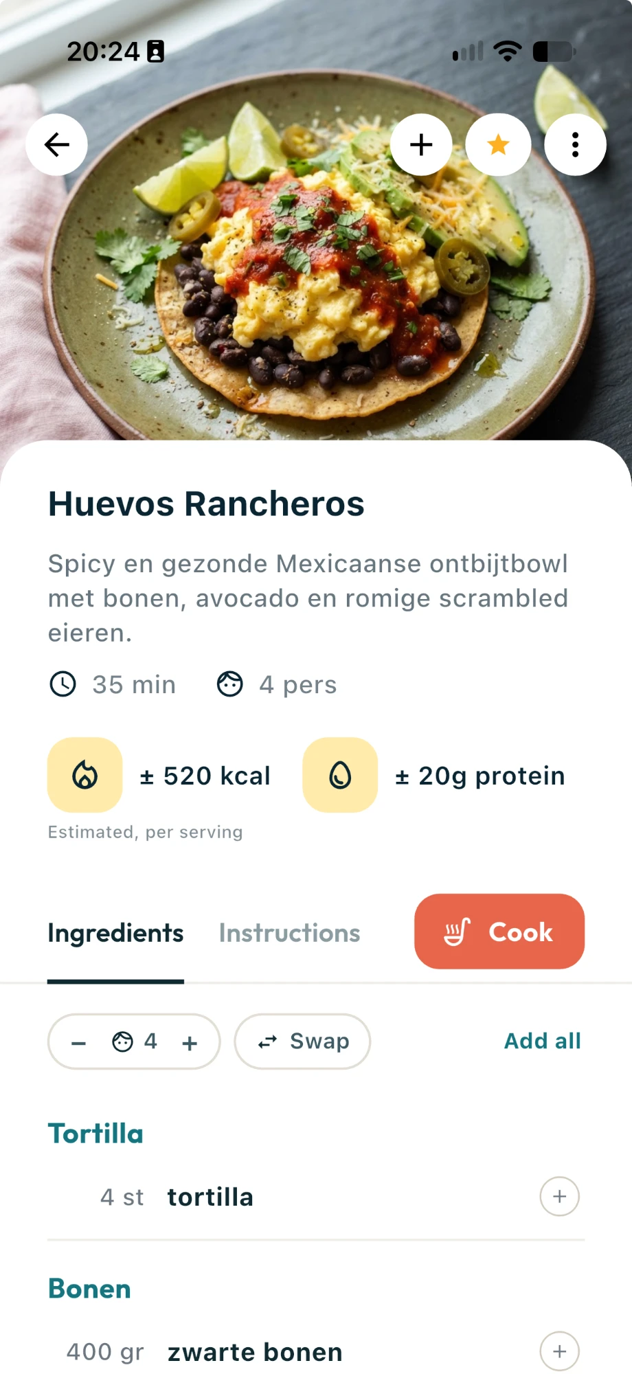 A recipe page with ingredients and instructions