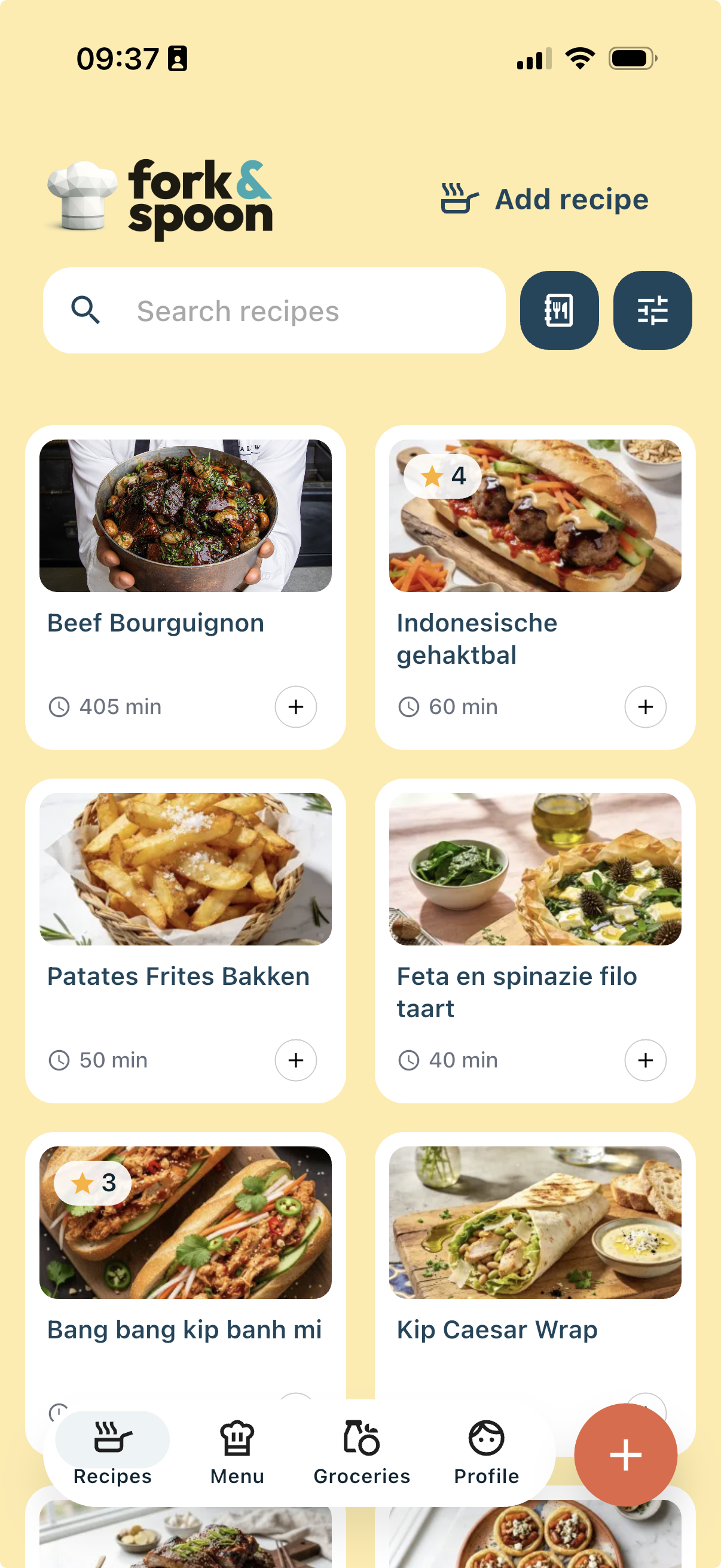 Fork & Spoon recipe library on a phone